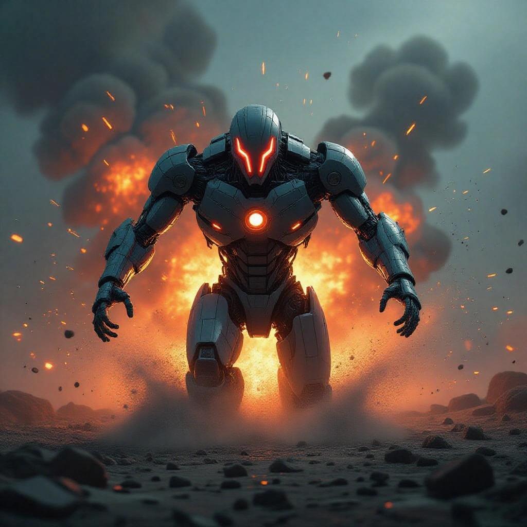 A cyborg in a dynamic pose is at the center of the image. An explosion occurs in the background with vibrant orange flames. The scene is dramatic and captures a sense of action. The cyborg is metallic and futuristic, depicted powerfully. The perspective is from a low angle below the cyborg.
