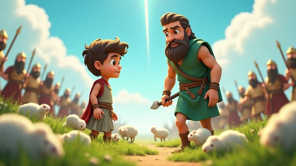 3D cartoon illustration depicting David and Goliath. David a young boy in ancient shepherd attire faces Goliath, a towering figure in shining armor. They are in green pastures with sheep around. The scene is bright and vibrant with a line separating them, showcasing both characters' expressions and stances.