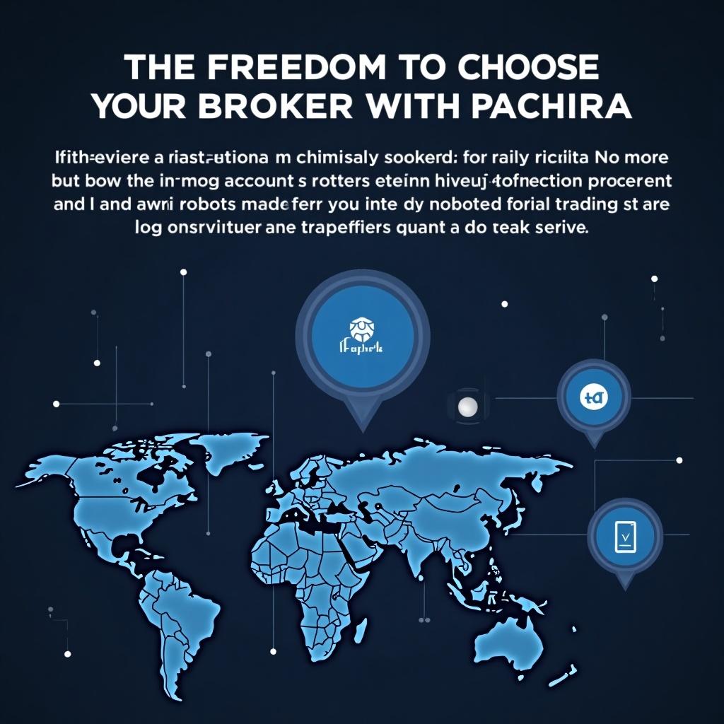 The image features a world map with various icons indicating connectivity and freedom of choice in brokerage. It promotes Pachira, a platform allowing users to choose their preferred brokers without restrictions. The theme emphasizes smart trading solutions and the use of AI robots for professional trading. Text highlights the advantages of this flexibility in trading. The design uses a modern, flat aesthetic with engaging blue tones to capture attention.