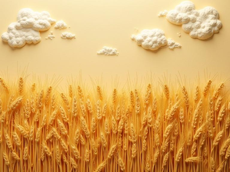 A golden wheat field created with textured clay relief. The wheat stalks are distinct, resembling painterly brush dabs. The scene includes raised clouds against a soft background. It conveys warmth and tranquility, embodying natural abundance and gentle movement.