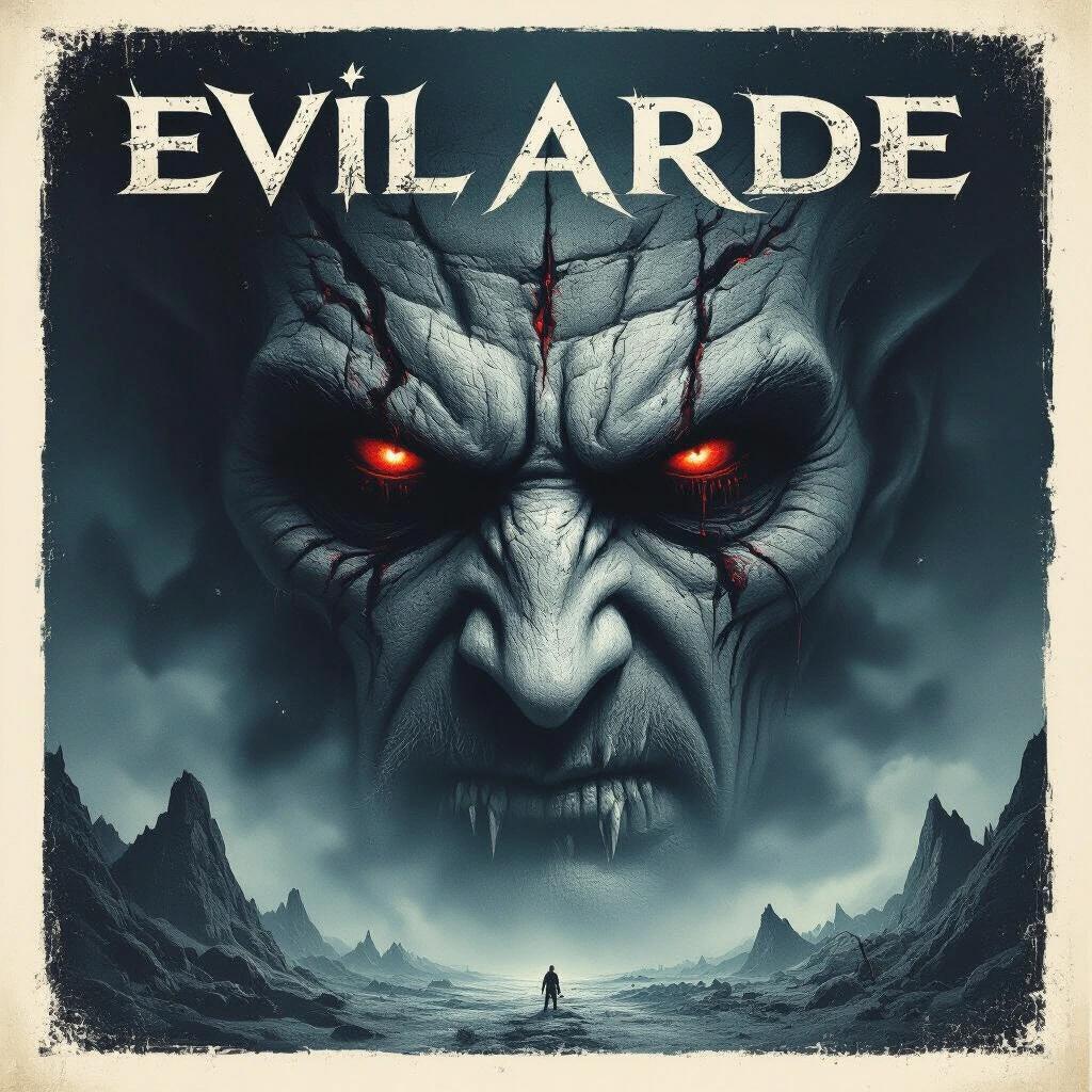 Rock album cover design featuring an evil face in an epic dark scene