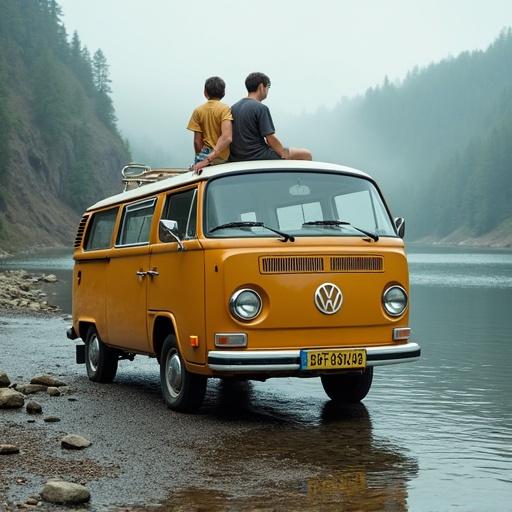 Tan Volkswagen van near a hydroelectric dam. Young lad and a man sit on top of the van. Misty lake and mountains in the background.