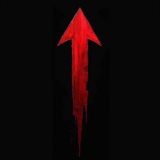 Aesthetic long down arrow painted in thick dark red blood-like paint on a solid black background. Brushstrokes visible and edges imperfect. Suggests a hand-painted quality. Textures imply viscosity of the paint. Composition is minimalist and stark.