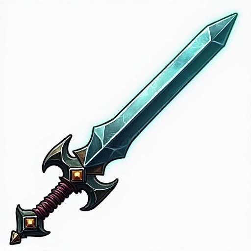 Icon of a sword designed for a card game. Features a detailed blade and hilt in a fantasy style. Transparent background. Size is 48 by 48 pixels. Inspired by World of Warcraft.