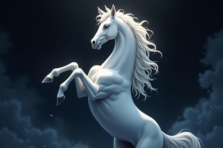 Majestic white anime Disney horse rearing up against dark swirling black background.