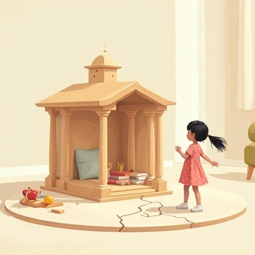 A flat-style children's illustration depicting a small wooden house with pillars on a circular rug. The house is unstable with a missing central pillar and visible cracks. A little girl in a pink dress is inside looking shocked. Soft colors and light dust in the air create an emotional atmosphere.
