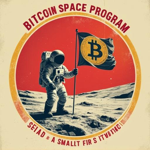 Retro NASA-inspired Bitcoin t-shirt design featuring astronaut holding Bitcoin flag on the moon. Classic faded colors of red, off-white, mustard. Textured ink with mission patch style. Curved title above: 'Bitcoin Space Program', subtitle below: 'Since 2009 – One Small Step for Crypto'.