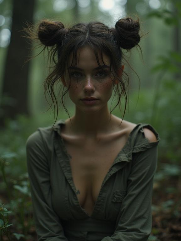 Dramatic portrait of a female in a forest setting. She has space buns and freckles. The background features a dusty atmospheric haze. The image has a photorealistic quality with film grain. The subject makes eye contact with a lustful expression.