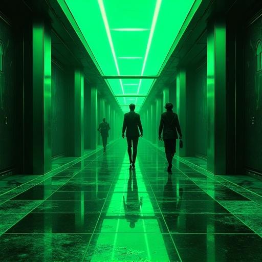Anime scene set in a futuristic building. Characters walking through a large hallway. Bright emerald green lighting and black accents. Setting is modern and luxurious, reflecting a high-tech society. Location is Shanghai, in a unique architectural style.