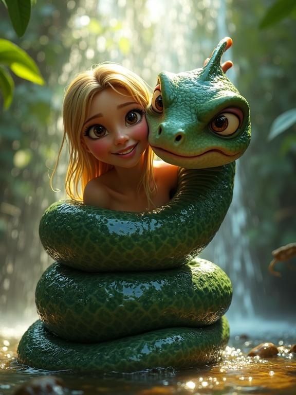 A young woman smiles playfully while being wrapped in a serpent-like monster. Water cascades around them under a waterfall. Sunlight glimmers on droplets. Lush tropical foliage fills the background. The scene captures a whimsical and adventurous atmosphere.