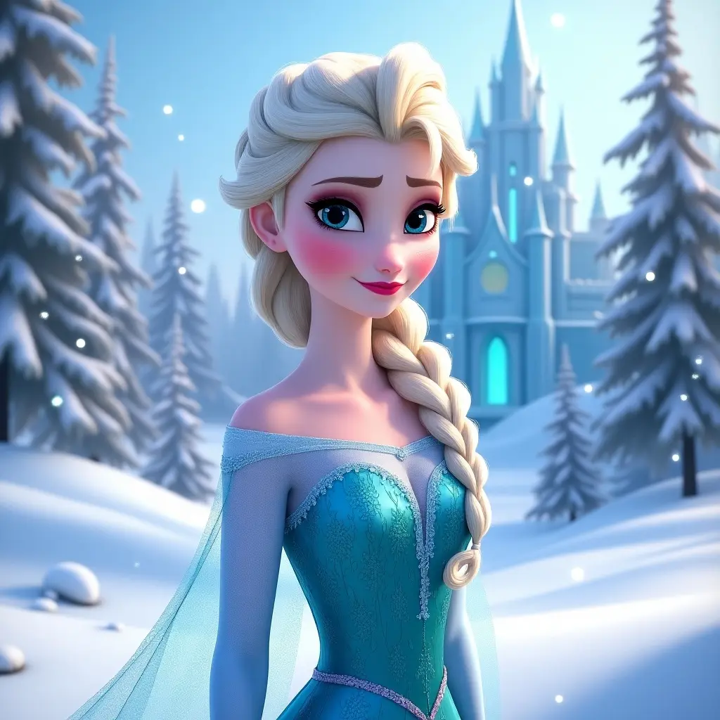 Character standing in a snowy landscape. Character has long blonde hair and wearing a blue dress with a cape. Background features snow and ice.