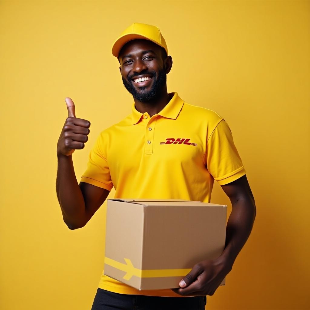 A smiling man in a yellow DHL shirt giving a thumbs up while holding a delivery box against a yellow background. Full body shot showing confidence and friendliness