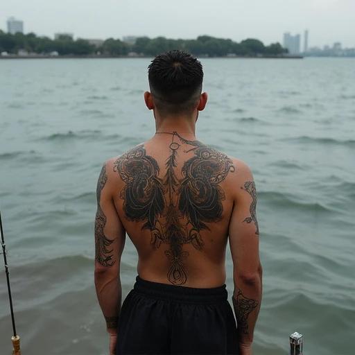 A man stands at the edge of a lake. His back is visible showing a detailed tattoo. The water creates a serene background. A fishing net is nearby casting a shadow. An outdoor setting with lush greenery.