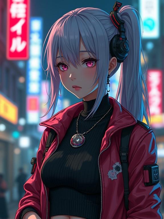 Anime girl in cyberpunk clothing looking serious at night. She has long hair and pink eyes. Wearing a stylish jacket and headphones. Neon city lights in the background.