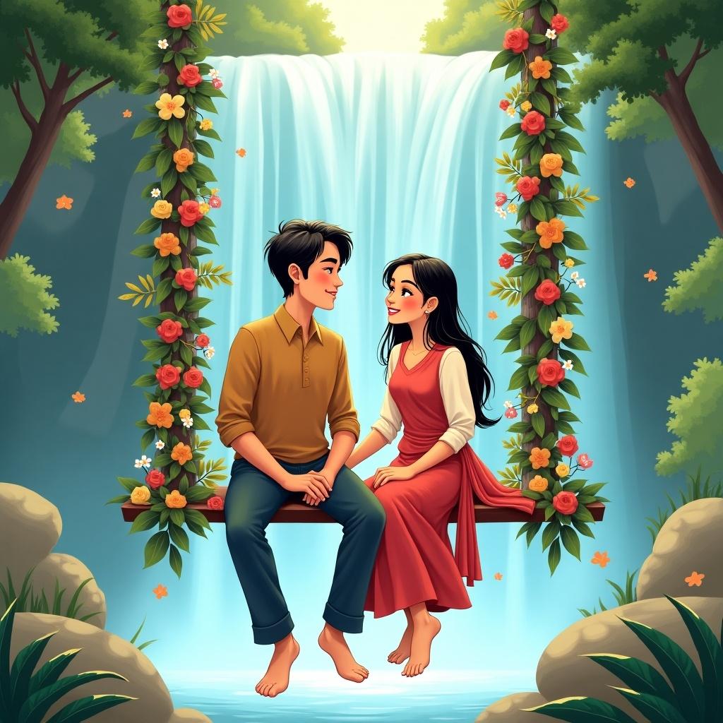 Vibrant illustration of two characters sitting on a floral swing by a waterfall. Characters are in traditional attire. Joyful expressions show connection. Dreamy natural surroundings create a serene atmosphere.