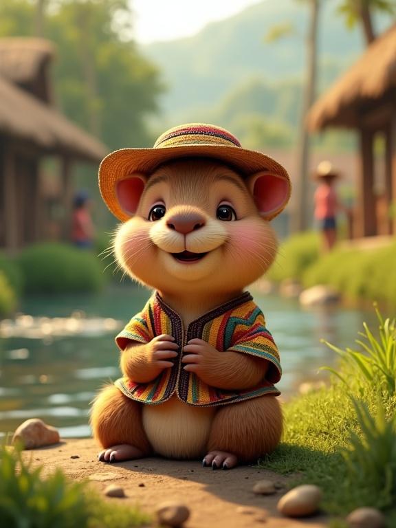 3D model of a baby capybara with round cheeks and a relaxed smile. It sits beside a riverbank. Lush greenery surrounds it. Wears an Ao Po’i shirt and a colorful striped hat. In the background, there's a Paraguayan village with people in traditional outfits. Create a warm and friendly atmosphere.