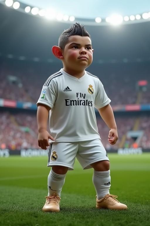 Cristiano Ronaldo depicted as a dwarf in a Real Madrid jersey. Short stature yet confident on the football field. Displaying signature pose with determination. Background features a cheering stadium filled with fans. A dynamic and playful twist to a legendary player.