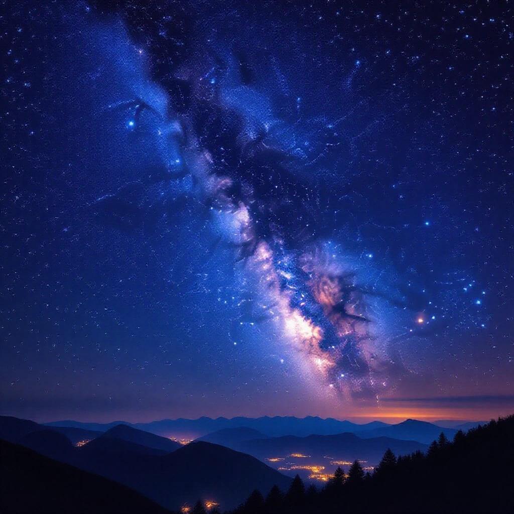 A breathtaking view of the night sky showcases a galaxy of vibrant stars. The Milky Way stretches across an illuminated twilight sky. Deep blues and purples create a backdrop as starlight twinkles above. Dark silhouettes of mountains frame the scene, while shimmering lights hint at distant settlements. This image captures the enchanting beauty of the cosmos.