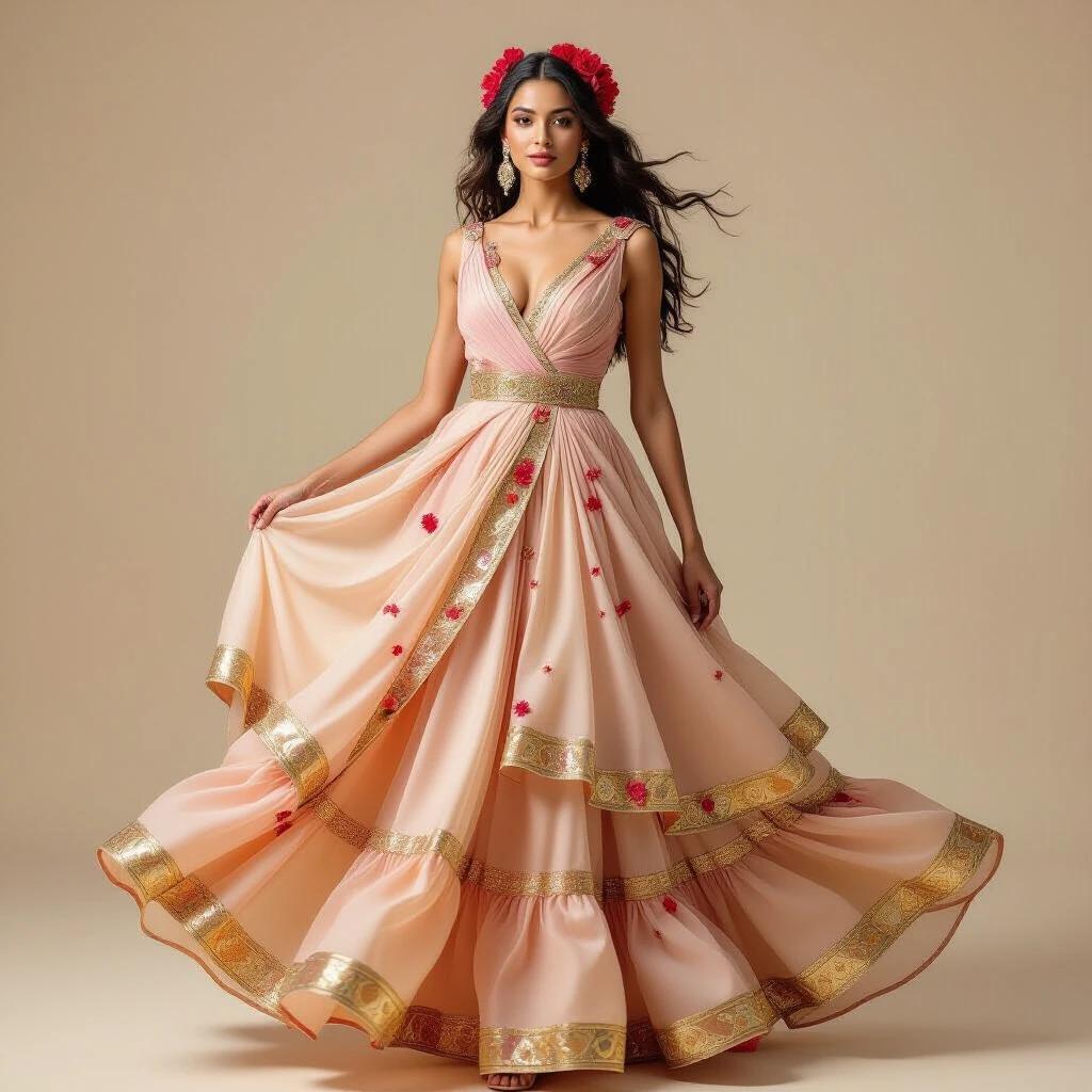 Model wearing a layered dress made of pink and gold with saffron thread embroidery. Hair styled with rose petals. Dress flows elegantly around the model.