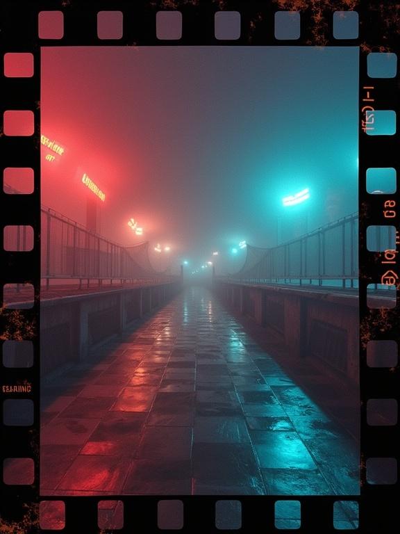 Film strip wallpaper featuring a fog covered pathway illuminated by neon lights. The scene showcases a mysterious and atmospheric setting. The color contrast between blue and red lights creates depth.