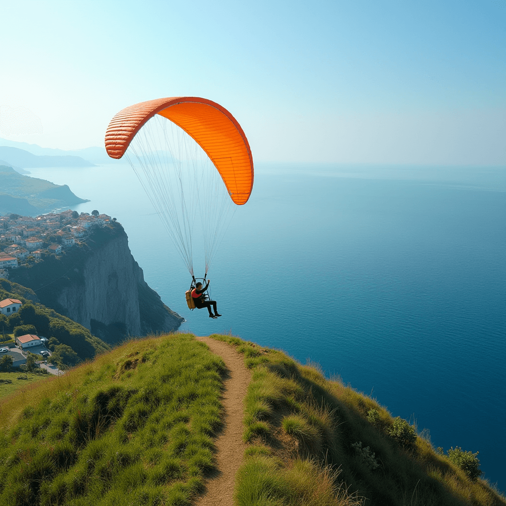 A person paraglides over a grassy cliff near the ocean.