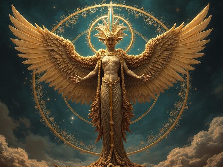 A golden angel-like figure with large wings stands majestically. The background features a cosmic theme with clouds and stars. A radiant aura surrounds the figure with intricate designs enhancing its divine appearance.