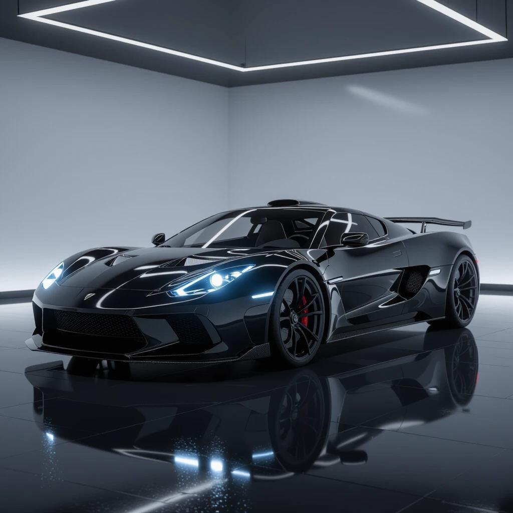 Ultra-realistic 8K render of a black piano-finish supercar parked on a glossy showroom floor under dramatic lighting. Car features a wide stance low profile sharp aerodynamic lines LED headlights carbon fiber details and deep black alloy wheels. Reflections highlight smooth mirror-like paint. Background is minimal and futuristic emphasizing car's elegant powerful look. No logos.