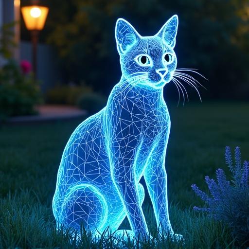 Wireframe cat sitting in garden. Neon blue color. Clear body design with a glowing effect.