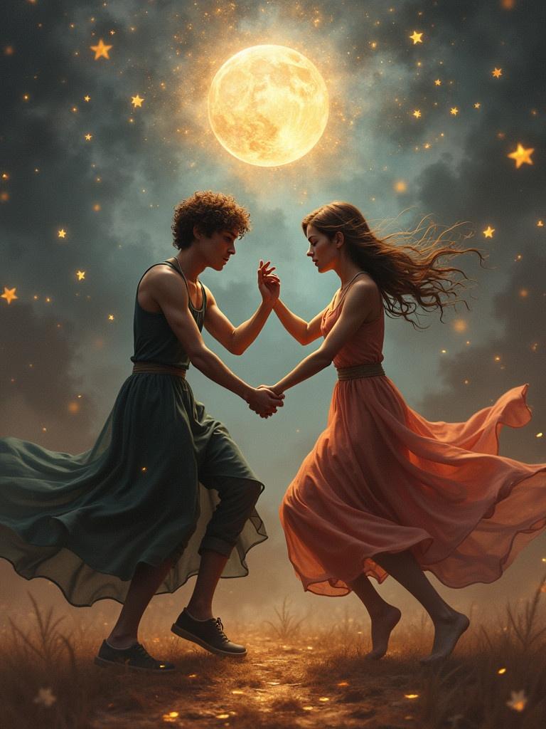 A mystical ball takes place under a full moon. Two characters, a male and female dressed in flowing dresses, dance together. Neither knows they are enemies. Stars shimmer in the background and a gentle breeze ruffles their hair.