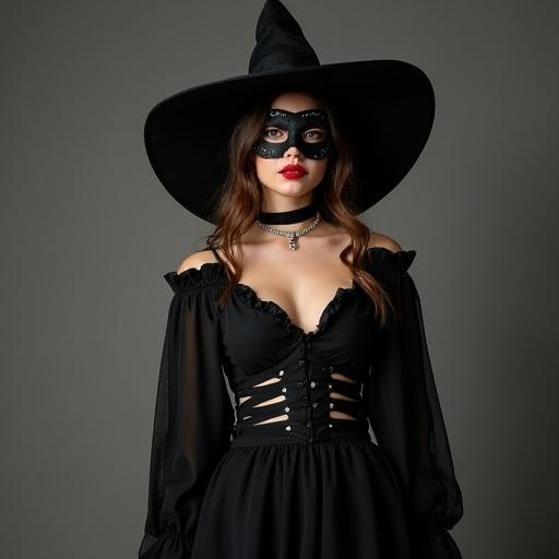 A full body image of a woman wearing a witch costume and masquerade mask. The costume is black with bold red lipstick. The woman stands confidently. She has long hair and accessories. It is a Halloween theme.