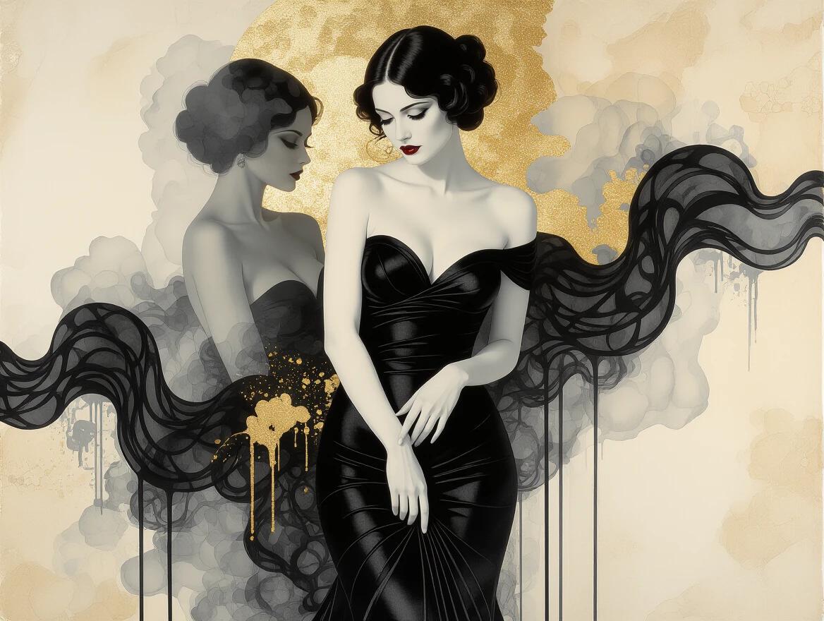 A concept of shyness depicted in a minimalist black and white style. Full body nude of a femme fatale. Mixed media incorporating elements by Anna Silivonchik and Paolo Roversi. Shadowy and hazy atmosphere with an elegant and ethereal feel. Use of ink wash technique on weathered parchment paper with hints of gold and distressed texture. High contrast image illustrates depth and sophistication.