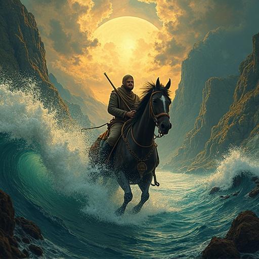 Scene features a rider on a horse navigating through stormy waves. Background consists of towering cliffs and a large sun setting in the sky. The image conveys the theme of adventure and rhythm through nature's elements.