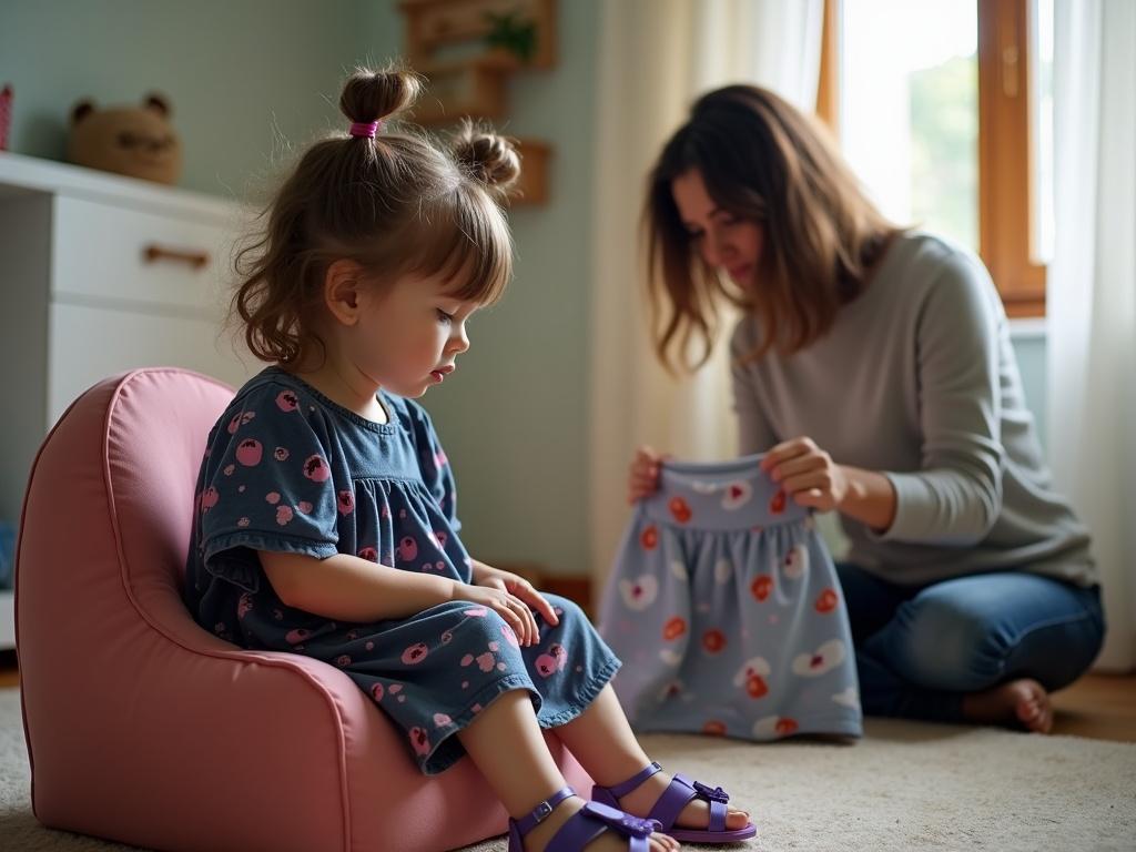 Photograph of a disabled girl with dark hair and braided pigtails sitting in a child seat. She wears a dark blue dress with pink patterns and violet sandals. Mother is in the background looking for a new dress in the wardrobe.