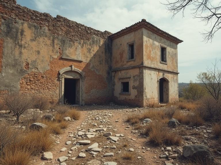 Image depicts a derelict wall and partially ruined house reflecting the aftermath of the Spanish Civil War. The landscape is barren with sparse vegetation and rocky terrain.