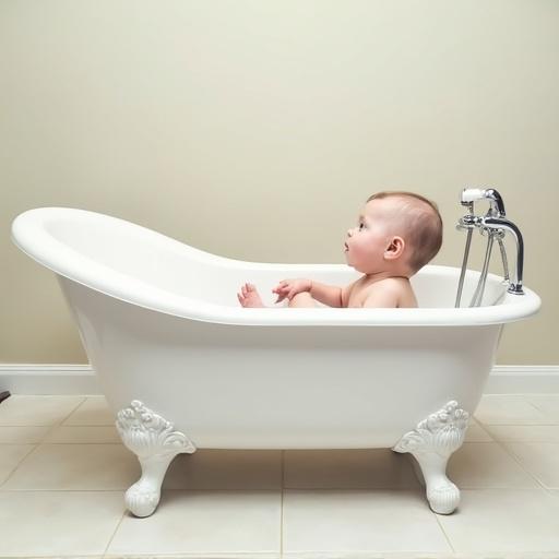 A baby enjoys bath time in a classic white bathtub. The bathtub features elegant clawfoot design. The surroundings are clean and minimalistic. A soothing atmosphere is present with soft colors and simple decor.