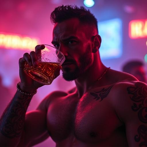 Muscular man in a neon lit punk nightclub holding a whiskey glass. He is scowling.