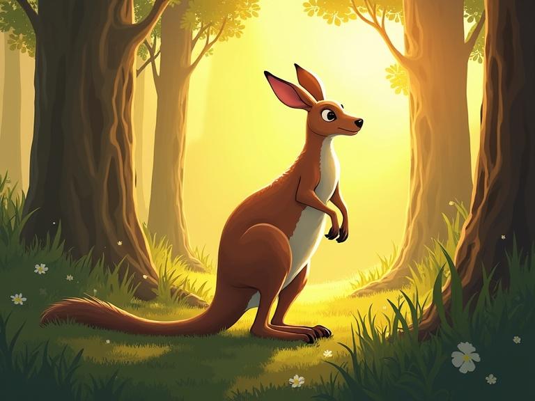 Kangaroo in a sunny daytime forest. Concept art style illustration with a warm atmosphere.
