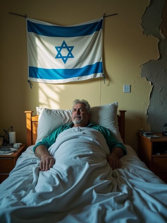 First-person view of a man waking up in bed with a flag on the wall. The room shows signs of damage. The man appears contemplative. Natural light enters through a window.