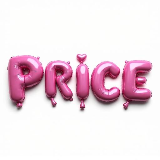 3D balloon letters spell Price. Letters are colored pink. Background is transparent. Texture appears glossy and reflective. Image file is in PNG format.