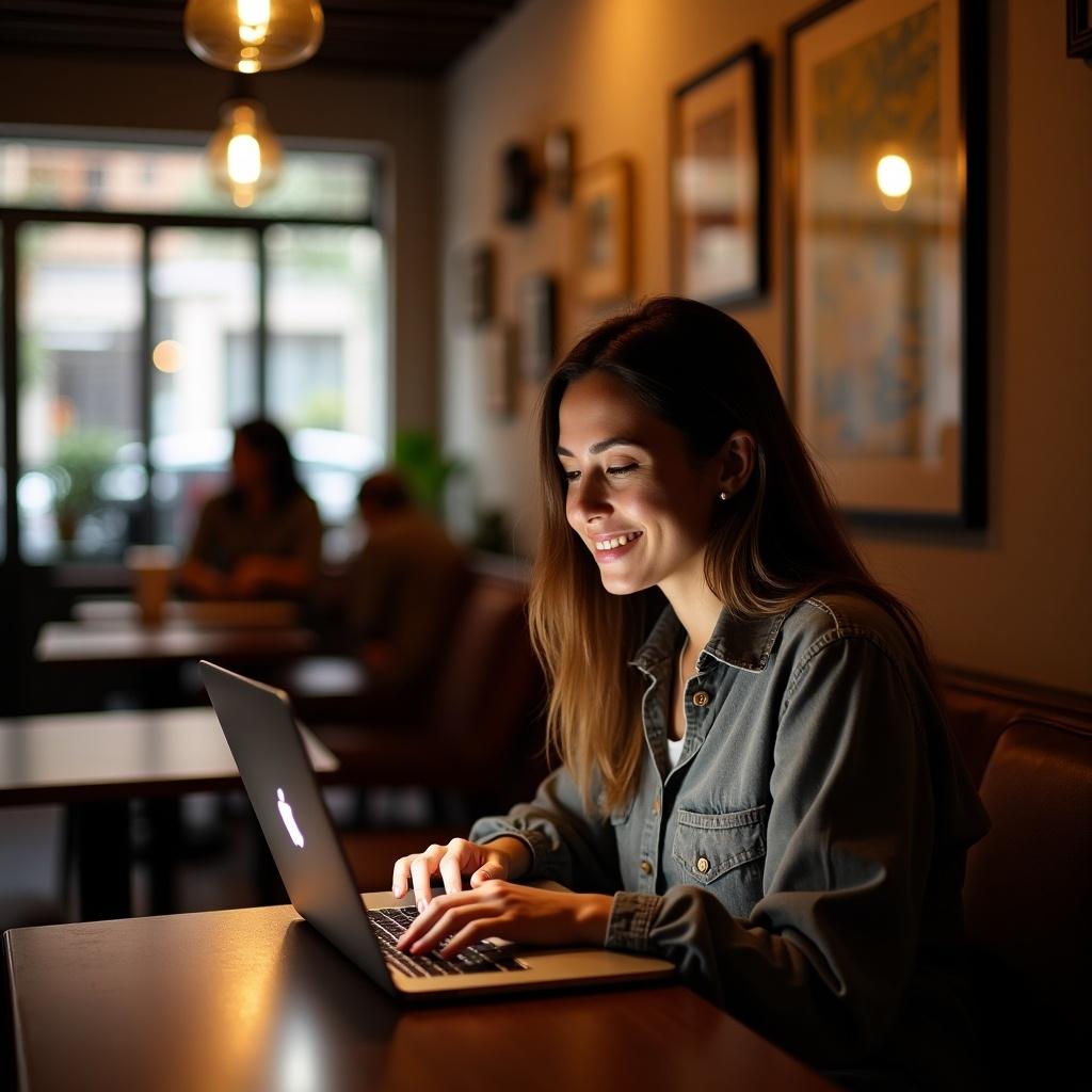 A 30-year-old Latin woman is sitting in a cozy cafe, intently focused on her laptop. The cafe features an inviting atmosphere, illuminated by warm ambient lighting. Around her, small tables are occupied by others, creating a lively environment. She appears content and deeply engaged in her work, reflecting the trends of modern remote employment. This scene seamlessly merges technology with daily life, making the image ideal for discussions about digital commerce and cafe experiences.