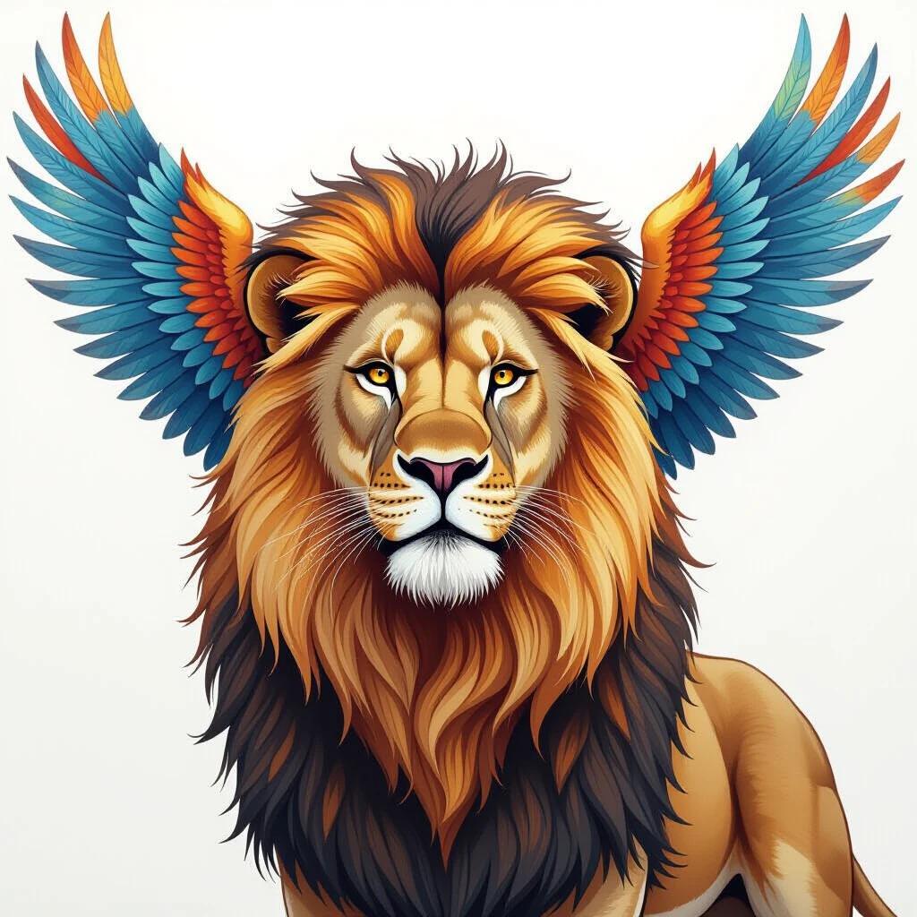 Drawing of a lion with eagle wings. Wings display the same colors as the lion. Lion has a majestic appearance with vibrant features.