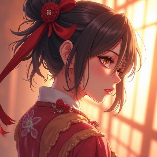 Anime woman with black hair styled in a bun wearing traditional Japanese clothing. Side profile view with a soft warm light background.