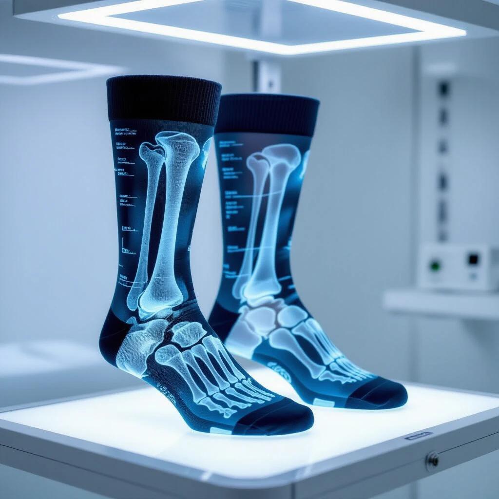 Surreal photo of crew socks with transparent x-ray images of feet and leg bones. Hyper-realistic skeletal anatomy in glowing white and pale blue on black fabric. Detailed foot bones and ankle joints visible. Medical annotations and measurement lines like a radiograph. Positioned on a lightbox with clinical white background and grid lines. Shot from straight-on angle with cool LED lighting enhancing the bone details.