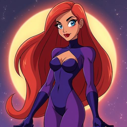 Starfire from Teen Titans. Character with long red hair and purple outfit. Front view with a glowing background. Animated style.