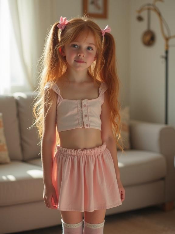 Youthful girl with long blonde hair styled in twin tails. Soft-lit living room background. Wearing a pink crop top and pleated miniskirt. Thigh-high socks and black shoes. Flirty expression and slim waist.
