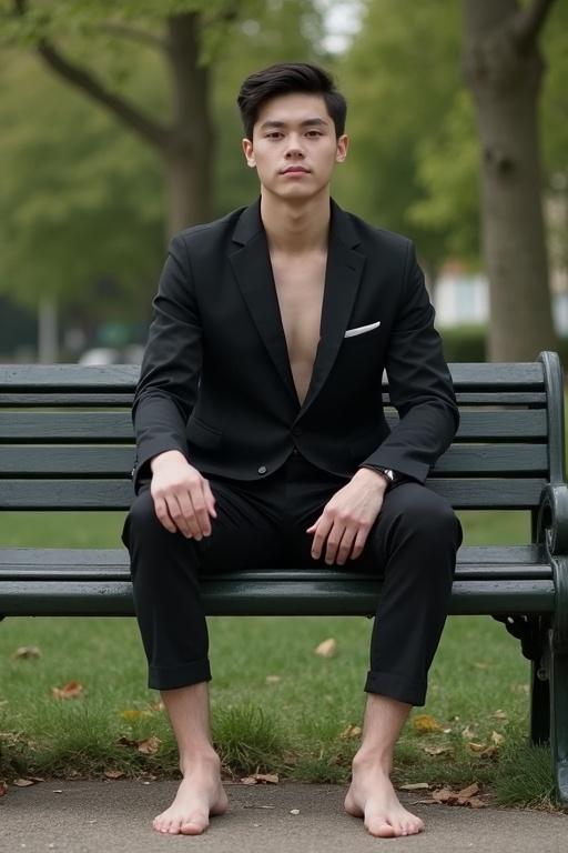 A young man sits barefoot on a park bench wearing a suit. The model has white skin and poses to highlight his bare feet.