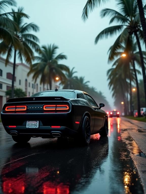 A matte black Dodge Challenger parked on a rain-soaked street. Palm trees line the street under a brooding sky. The scene is captured from a low angle, highlighting the car's muscular rear design and LED taillights. Soft lighting emphasizes the contours of the car. Wet asphalt shows reflections. Background includes tropical architecture. The composition balances the dynamic vehicle with a serene environment. Photographic quality is cinematic.