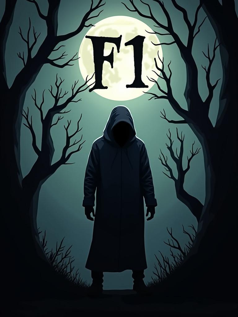 Bold spooky text F1 featured. Silhouette of hooded figure stands against large full moon. Dark background enhances eerie atmosphere. Twisted bare trees surround figure. Design evokes suspense and fear.