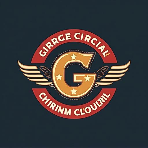 Logo design for Garage Circular. Features a large letter G in the center with wings and stars. Uses a red and gold color palette.