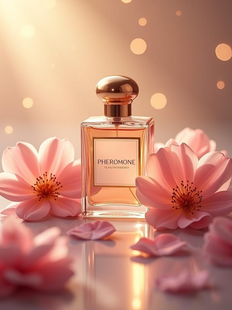 Image shows an elegant perfume bottle labeled Pheromone. The bottle has a golden cap and is surrounded by delicate pink flowers. Warm lighting enhances the scene. The background has blurred bokeh lights. The composition conveys sophistication and allure.